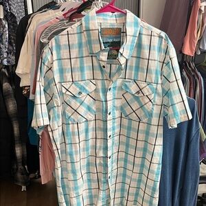 DIXXON “Trunk Bay” Men's Aqua Blue and White Plaid Shirt